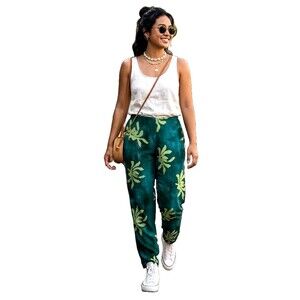 Tropical Floral Pants Medium Green Tie Dye Silk  Synchronicity Vintage Batik